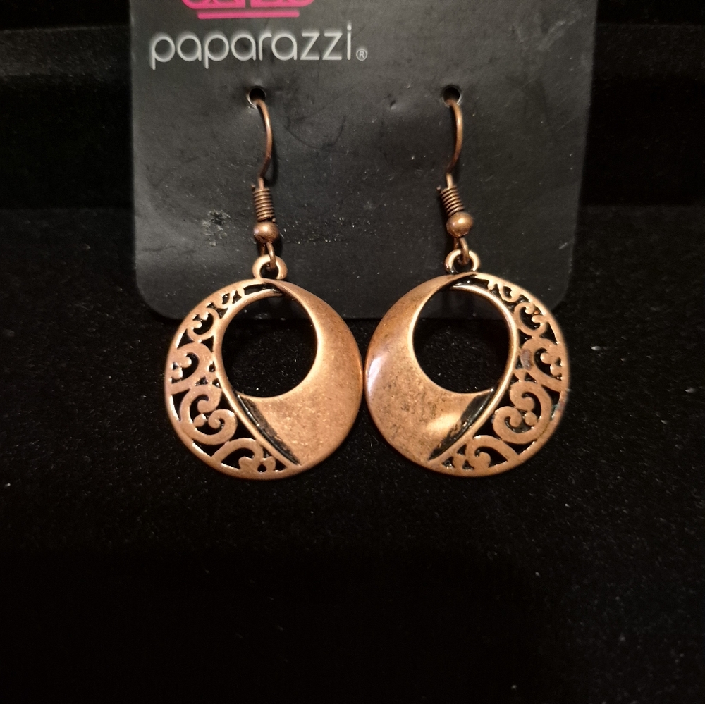 Paparazzi Copper Crescent Filigree Hoop Earrings - Copper Tone